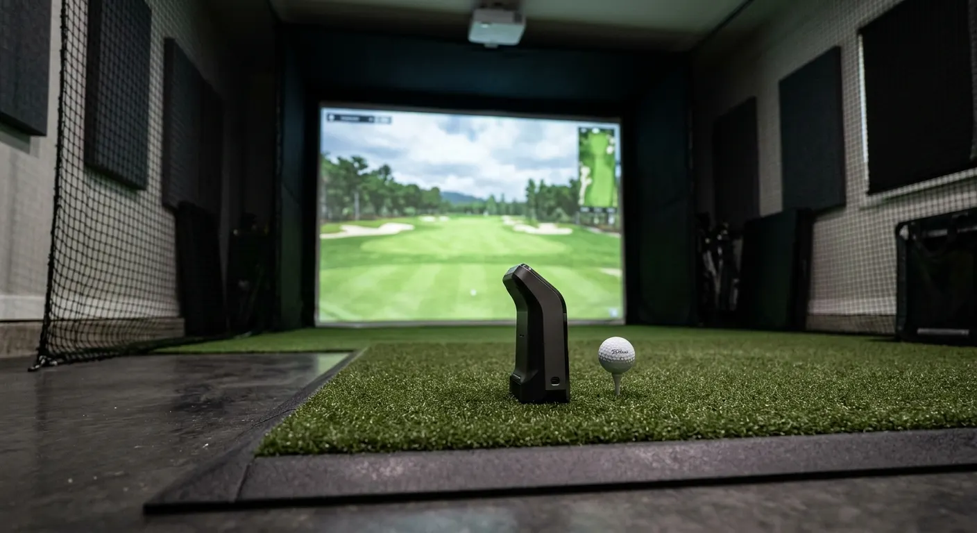 Golf launch monitor on a turf hitting mat with a teed ball, impact screen glowing behind in a home sim room