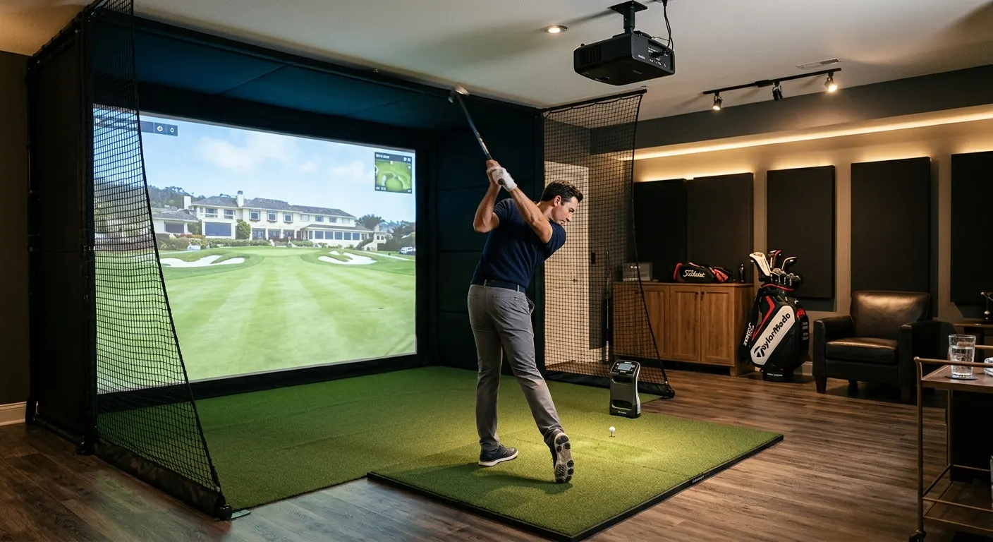 Dedicated indoor golf simulator room with enclosure, impact screen, ceiling-mounted projector, and turf hitting mat