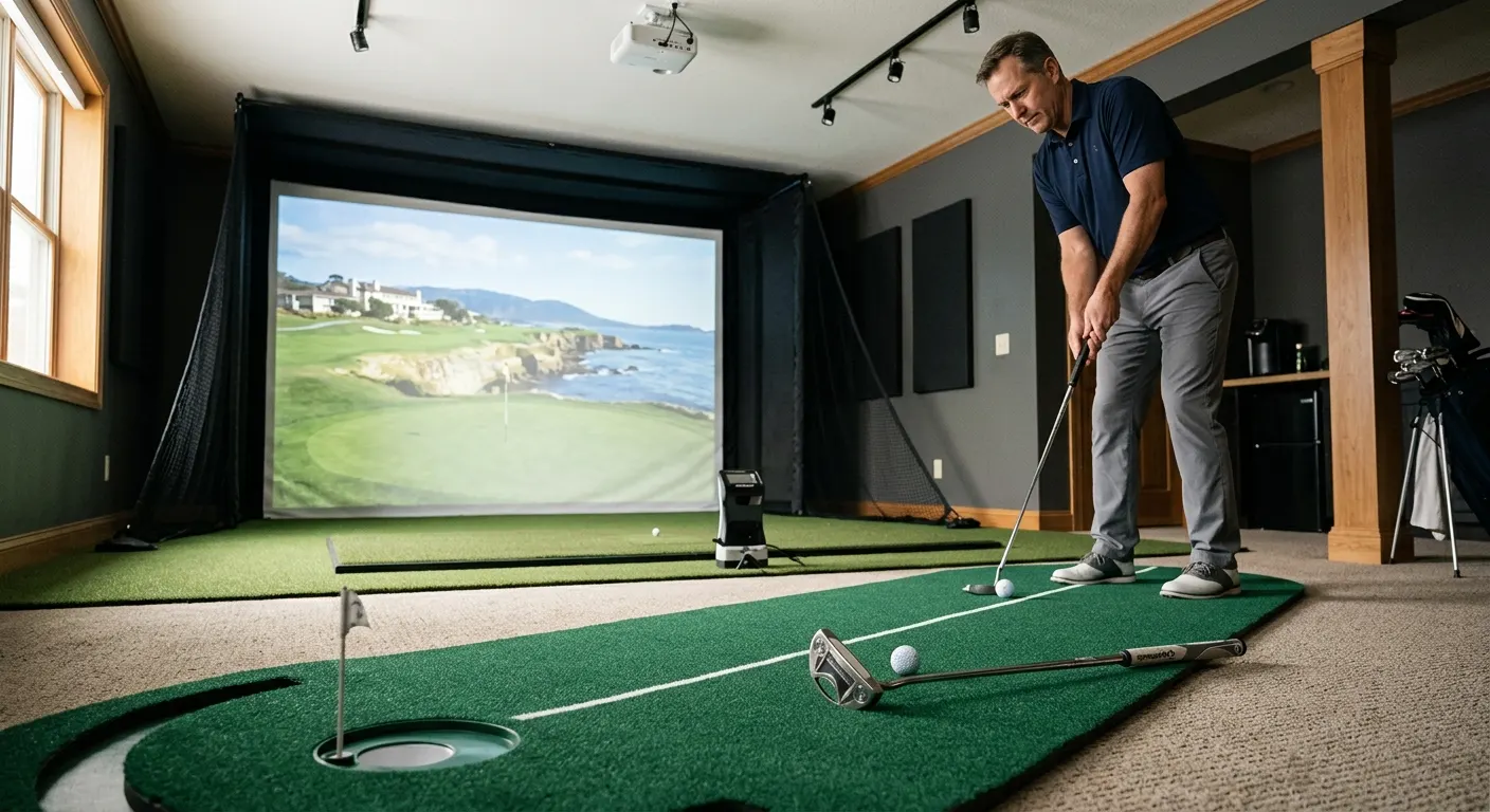Indoor putting green mat with putter and ball inside a home golf simulator room, impact screen behind