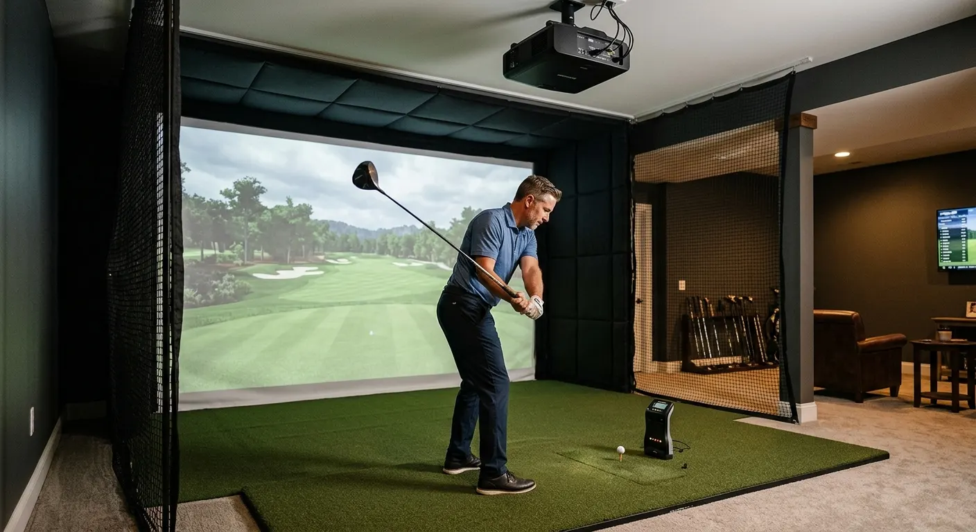 Home garage golf simulator with a large impact screen, turf hitting mat, and ceiling-mounted projector