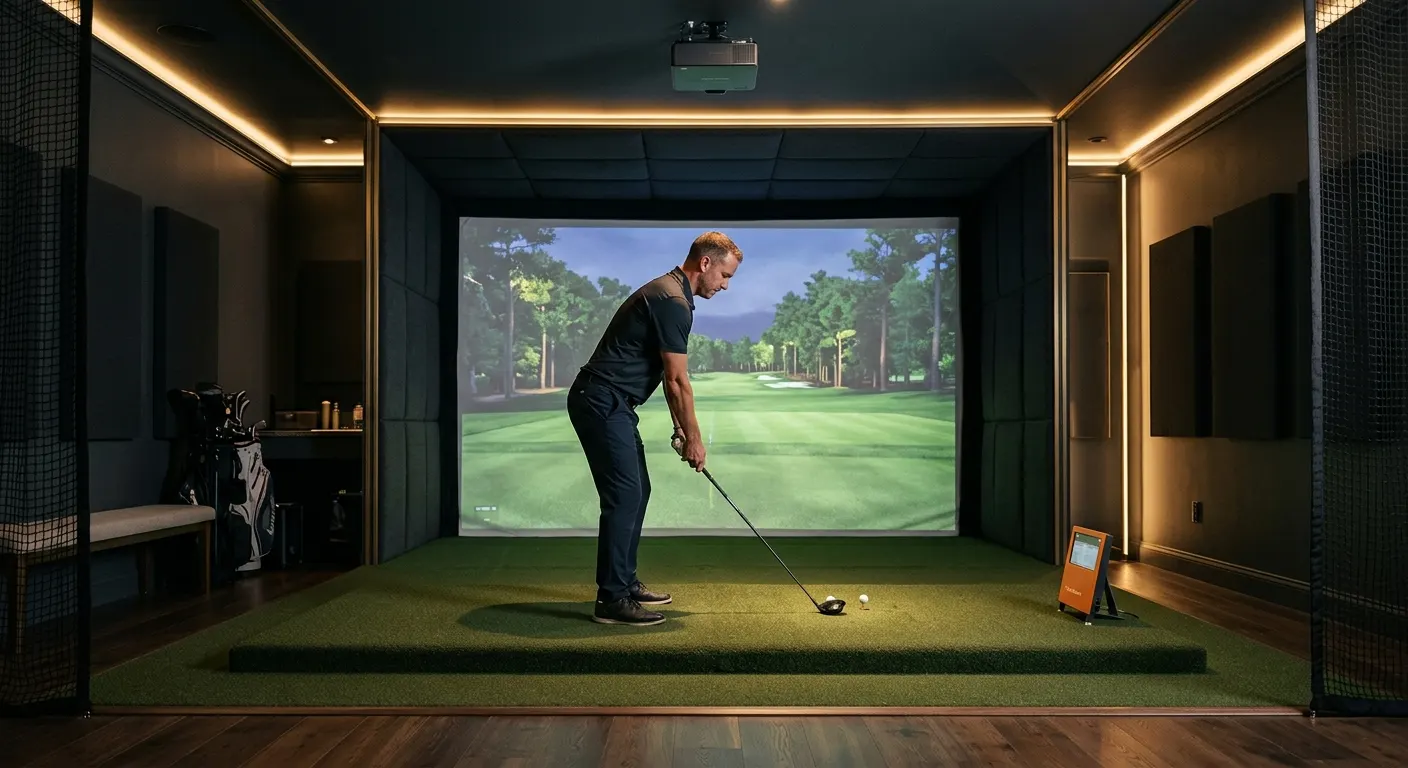 A golfer at address on a hitting mat in front of a large impact screen showing a virtual fairway in a home simulator room